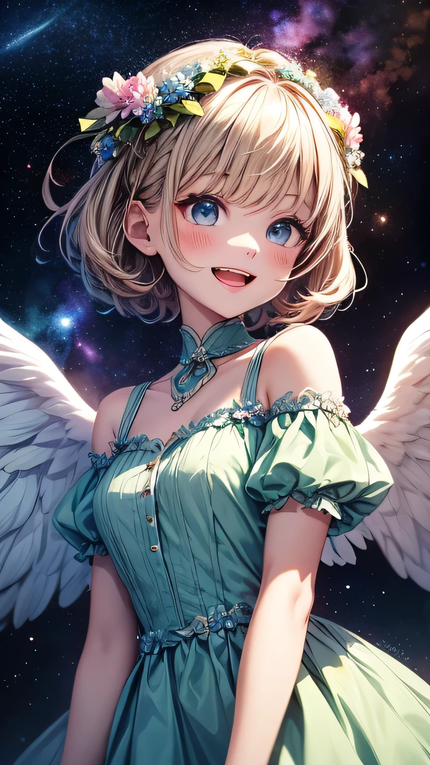 Highest quality, Pastel drawing, Serene atmosphere, Twin girl angels, cute, White Wings, Laughing happily, Brown short hair in various colors, Blue-eyed person, Green-eyed person, Dresses in different colors, Flower Hair Ornaments, Upper Body, Looking at the audience, space, meteor, Light,
