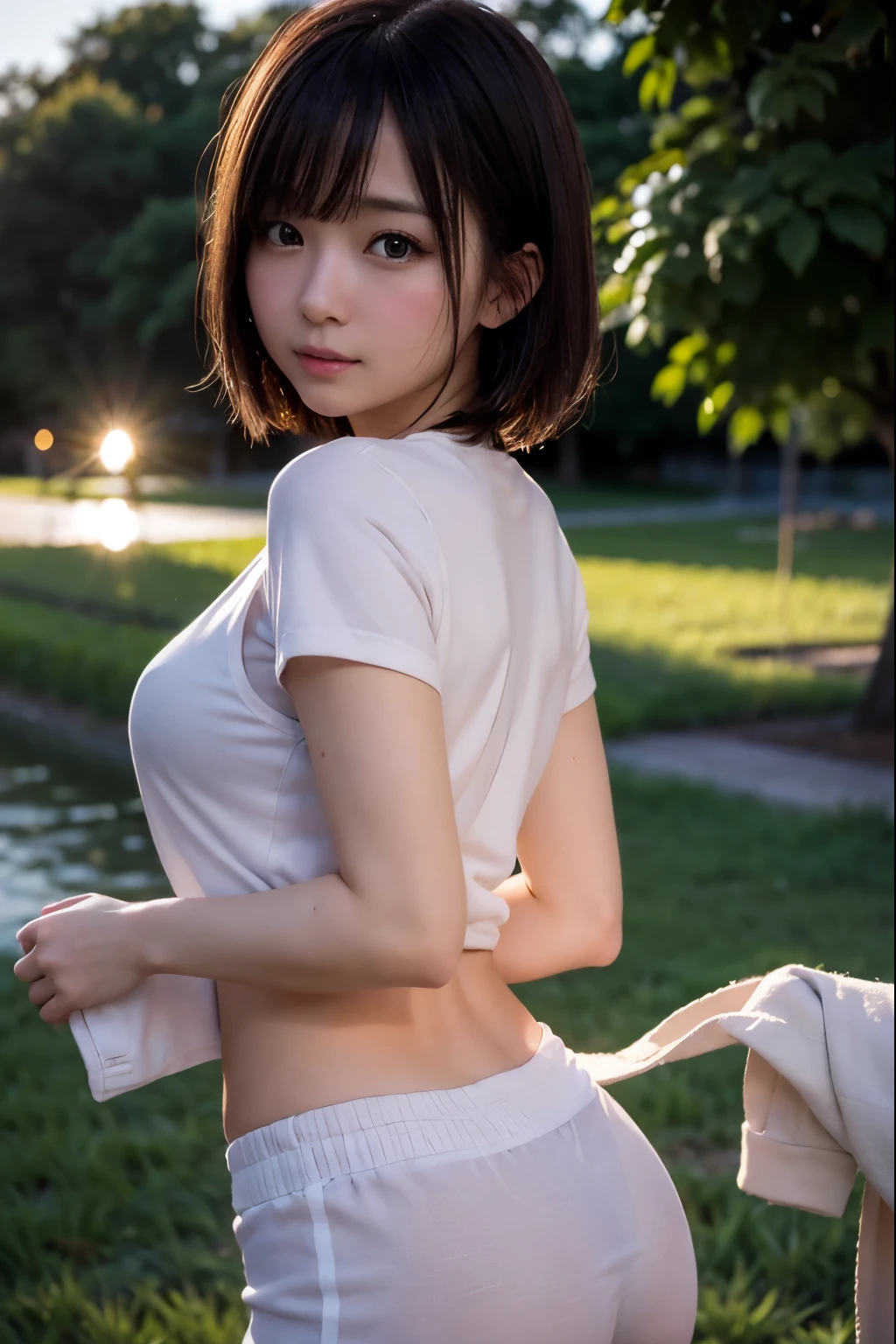 Many Irrigation Canals, Paddy Field, Cloud, 
 BREAK 
Perfectly Anatomically Correct:1.6, 
1 Japanese Girl, Very Short Bob Cut:1.2, Wide-Set Eyes, Very White Skinned, Blush, Bashfully, 18-Year-Old, Open Mouse Slightly, 
Cute Eyes, Wet Hair, 
(Showing off Slightly Swelled Lower Buttocks from Gym Uniform:1.4, Buttocks Stuck Out Highly), 
[Standing], Outstretched Arms, 
Hip Length Shirts:1.2, in Gym Uniform, 
(Beautiful Buttocks, Spherical Shape Buttocks, Ball Shape Buttocks), 
Medium ASS, Very Small Breasts, Non-Nipple:1.2, 
Side Glance to Viewer, Light Smiling, 
from Behind, from Side, 
SFW:1.2, 
 BREAK 
8K, RAW Photo, Best Quality, Masterpiece, Realistic, PhotoRealistic, Extremely Detailed 8K Wallpaper, Beautifully Detailed Eyes, Finely Detailed Face, POV Shot, 
 BREAK 
High-Key Lighting, Professional Lighting, Cinematic Lighting, Sidelighting, Bokeh