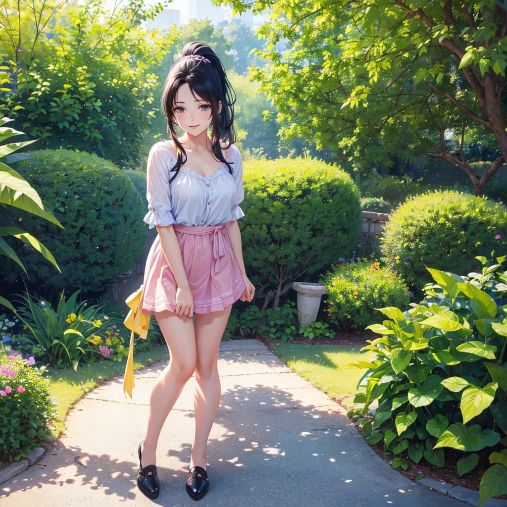 A girl in a garden,feeling the summer sunshine,with black hair,ponytail and wearing a miniskirt,standing with her legs apart,leaning forward,placing both hands on a hydrant. (best quality,4k,8k,highres,masterpiece:1.2),ultra-detailed,(realistic,photorealistic,photo-realistic:1.37),illustration,beautiful detailed eyes,beautiful detailed lips,extremely detailed eyes and face,long eyelashes, cheerful expression, vibrant colors,soft sunlight,Open-chested clothing