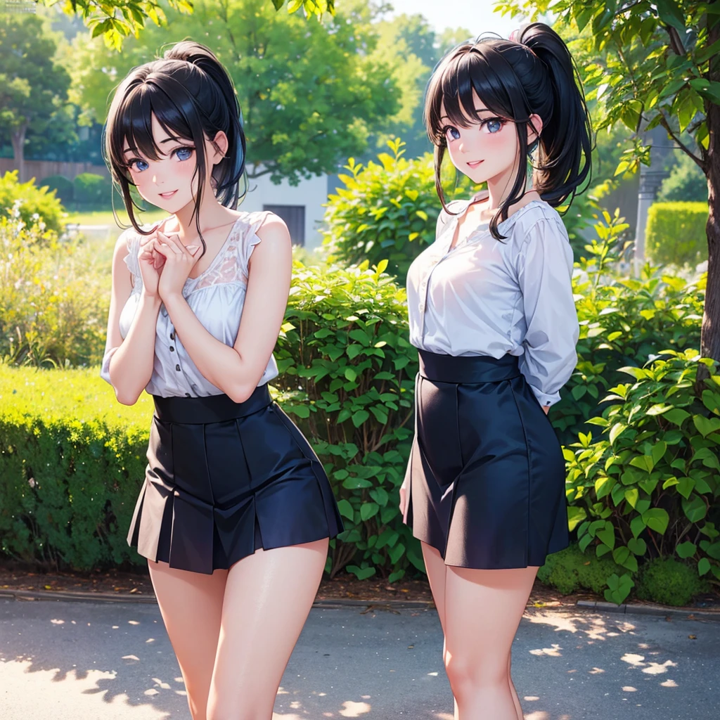 A girl in a garden,feeling the summer sunshine,with black hair,ponytail and wearing a miniskirt,standing with her legs apart,leaning forward,placing both hands on a hydrant. (best quality,4k,8k,highres,masterpiece:1.2),ultra-detailed,(realistic,photorealistic,photo-realistic:1.37),illustration,beautiful detailed eyes,beautiful detailed lips,extremely detailed eyes and face,long eyelashes, cheerful expression, vibrant colors,soft sunlight,Open-chested clothing