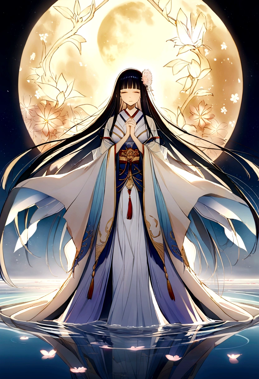 A mystical scene of Tsukuyomi-no-Mikoto, the moon god from Japanese mythology, standing on a serene moonlit lake. The god is dressed in traditional, flowing robes adorned with celestial patterns, and is surrounded by a soft, ethereal glow. The night sky is filled with stars and a large, radiant full moon casts its light over the landscape. Cherry blossom petals float gently in the air, adding a touch of elegance and serenity. The atmosphere is calm and divine, evoking a sense of ancient wisdom and tranquility. --v 5 --ar 16: