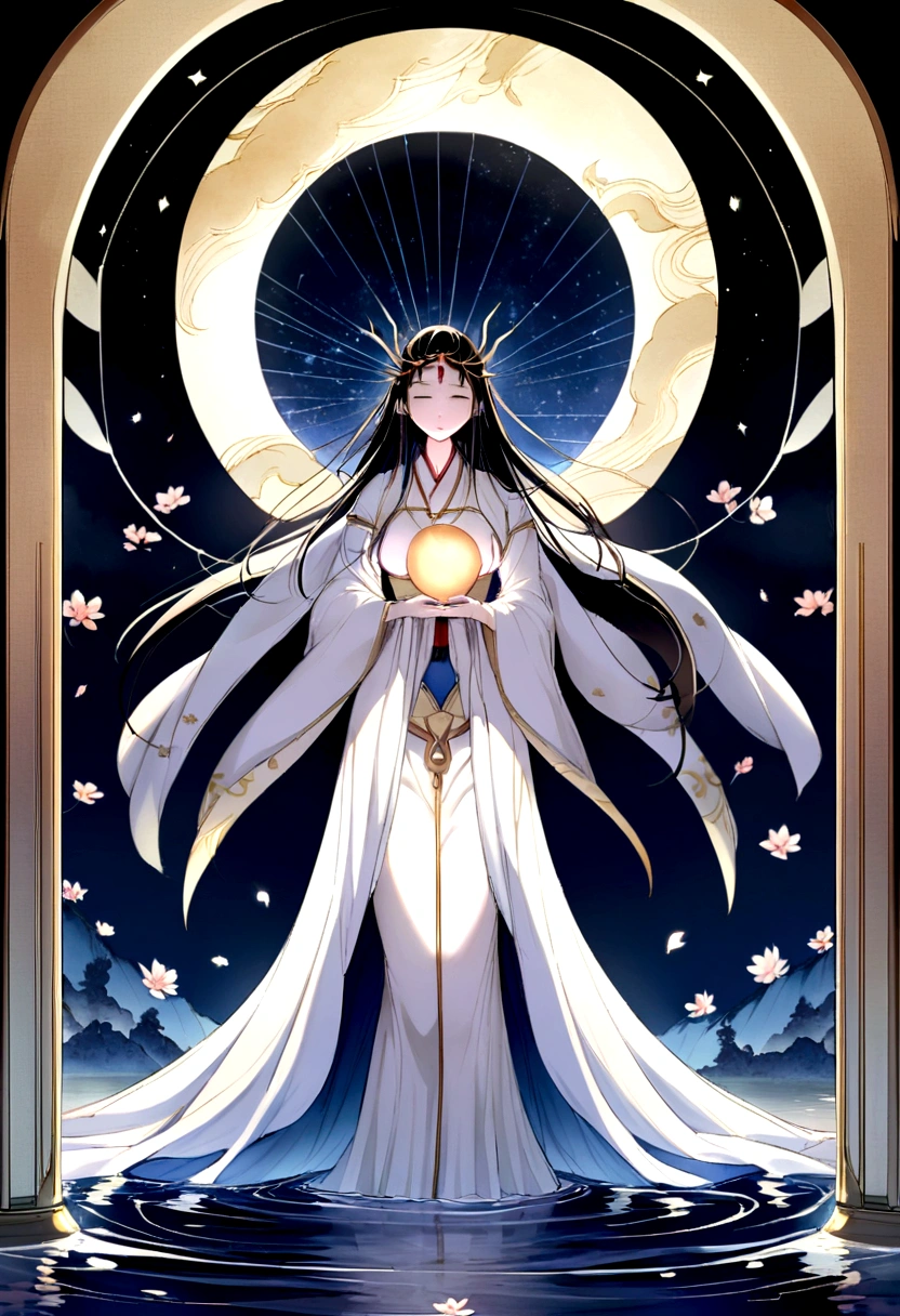 A mystical scene of Tsukuyomi-no-Mikoto, the moon god from Japanese mythology, standing on a serene moonlit lake. The god is dressed in traditional, flowing robes adorned with celestial patterns, and is surrounded by a soft, ethereal glow. The night sky is filled with stars and a large, radiant full moon casts its light over the landscape. Cherry blossom petals float gently in the air, adding a touch of elegance and serenity. The atmosphere is calm and divine, evoking a sense of ancient wisdom and tranquility. --v 5 --ar 16: