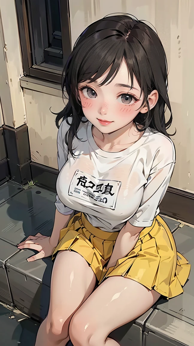 ((((highest quality)))), (((Ultra-precision CG 16K))), (((masterpiece))), (((Very detailed))), (((Extremely detailed))), (((Black outline:1.3, Written boundary depth:1.3 , Written soft outline))), Blur, Bokeh, Maximum clarity and sharpness,Multilayer Texture, Surface Shading, Cinematic lighting, Beautiful details sparkle ,Perfect Proportions, Limited to three woman, BREAK accurate, Anatomically correct, Highly detailed face and skin texture, drawn in detail, Highly detailed facial and skin texture, Detailed eyes, beautiful hair, Beautiful Japanese Idol face, Beautiful and beautiful eyes, Beautiful body, Beautiful breasts, Beautiful thighs, Beautiful legs, Beautiful fingers, (Beautiful views) , skinny body, ((Beautiful Skin)), ((Skin Texture)) BREAK breast enlarged, huge Breasts, rocket breasts, (((perky breasts))), covered nipples ,slender waist, (blush, determined expression, hot, sweaty , Heavy breathing,) BREAK (((no-bra, wearing oversized yellow t-shirt , sportswear, low rise, mini-skirt with slits, no-sleeve, breast is covered by outfit))) , wearing earrings, BREAK ( stick breast out),((( a woman sitting on steps of the school:1.3, stretching out, from front , from above , looking at viewer, close up face))),