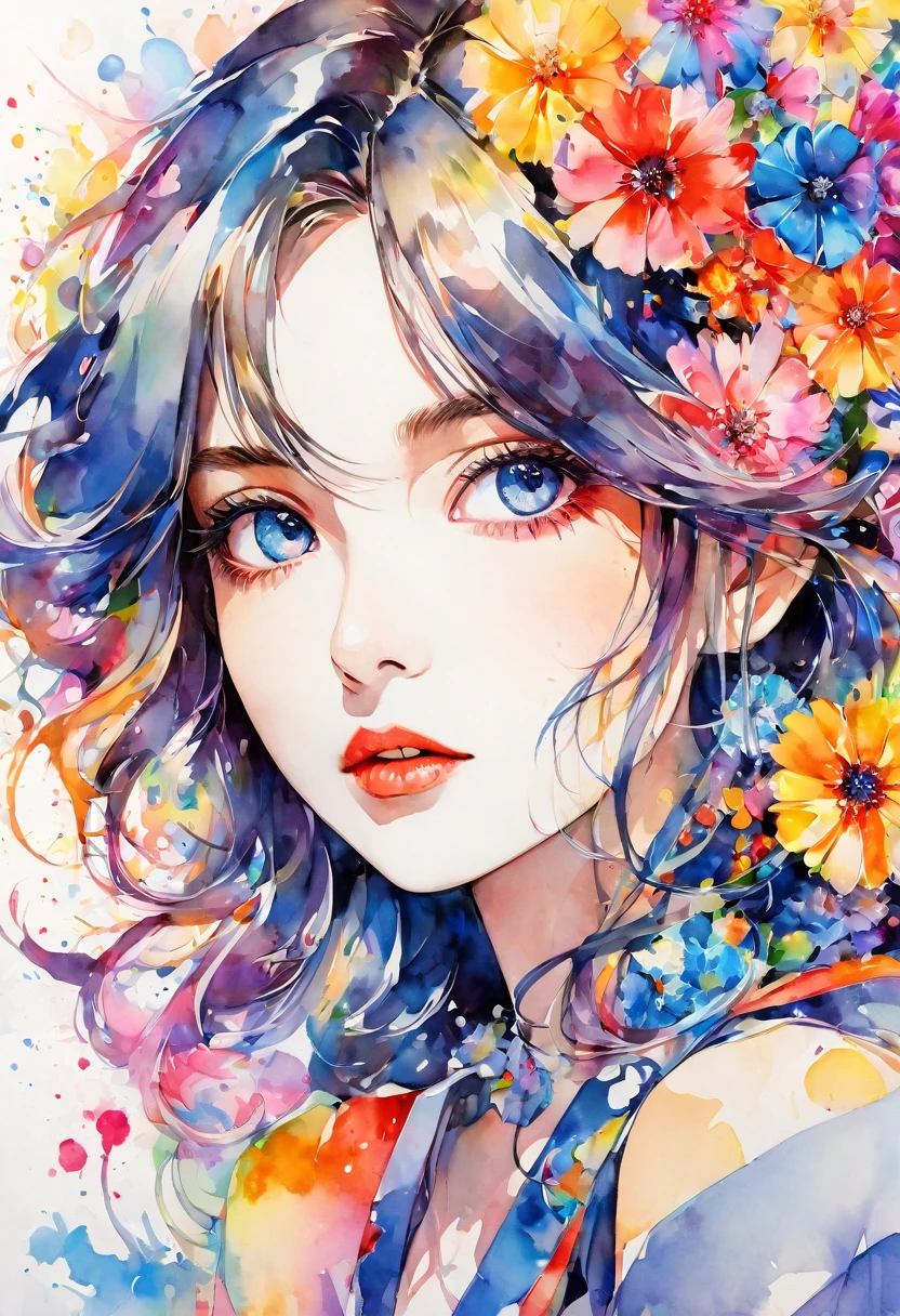beautiful woman portrait, Sylvia Pelissero watercolors, colorful flowers、beautiful eyes、 abstract art, intense watercolor, watercolor detailed art, watercolor splash, surreal, avant-garde pop art, Beautiful and expressive paintings, Beautiful artwork illustration, very colorful tones, wonderful, cool beauty, highest quality,official art, women only, sharp outline, best shot, vector art, lips in love、 (((The strongest beautiful women of all time))), (((Japanese)))、clear, (((highest quality))), lips in love, HDR, ((Detailed details)), stylish fashion, detailed clothing texture, (((graffiti art))), colorful hair, ((masterpiece))、((Super detailed))