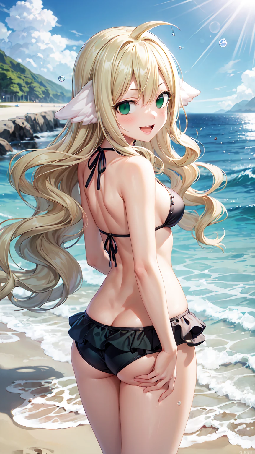Masterpiece ,best quality , high resolution , (1 girl solo:1.38) , (mavis , long hair, blonde hair, (green eyes:1.5), ahoge, wavy hair, animal ears,) , (cleavage:1.2) , (medium breast:1.28) , (wear , bikini , strong wind , big wing , head tilt ) , (raise arm , arm up , armpit) , (cleavage:1.15) , (big breast:1.1) , (face view , look at view , back view , from behind , look back , head back , smile , open mouth) , (cowboy_shot , standing ) , (outdoor , in water , droplet , in sea , ocean , beach)
