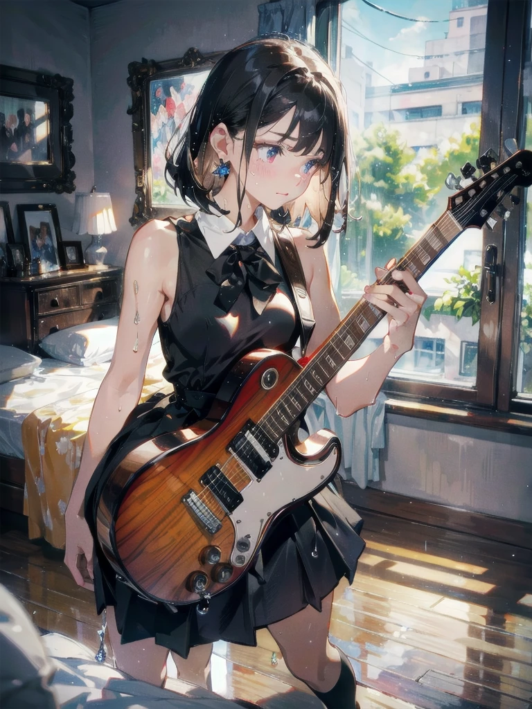 absurdres, RAW photo, extremely delicate and beautiful, masterpiece, Best Quality, ultra high resolution, 32k, hyperrealistic, ultra-detailed, in her 20s, delicate facial features, tearful mole, earring, medium breasts, full body shot, shorter middle hair, black hair, ((wet)), (school uniform), skirt, collared dress shirt, bed, sleeveless, guitar,