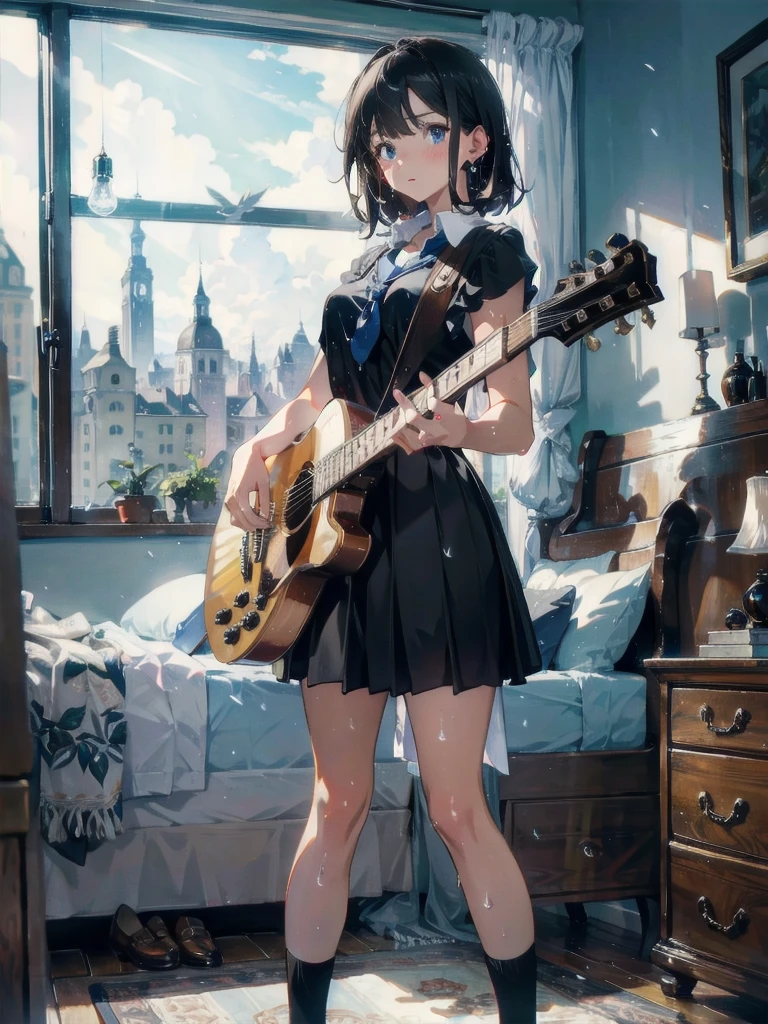 absurdres, RAW photo, extremely delicate and beautiful, masterpiece, Best Quality, ultra high resolution, 32k, hyperrealistic, ultra-detailed, in her 20s, delicate facial features, tearful mole, earring, medium breasts, full body shot, shorter middle hair, black hair, ((wet)), (school uniform), skirt, collared dress shirt, bed, sleeveless, guitar,