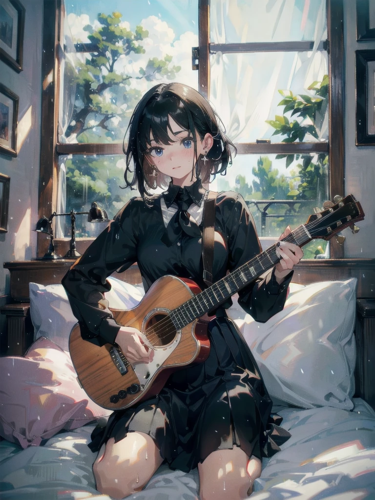 absurdres, RAW photo, extremely delicate and beautiful, masterpiece, Best Quality, ultra high resolution, 32k, hyperrealistic, ultra-detailed, in her 20s, delicate facial features, tearful mole, earring, medium breasts, full body shot, shorter middle hair, black hair, ((wet)), (school uniform), skirt, collared dress shirt, bed, sleeveless, guitar,