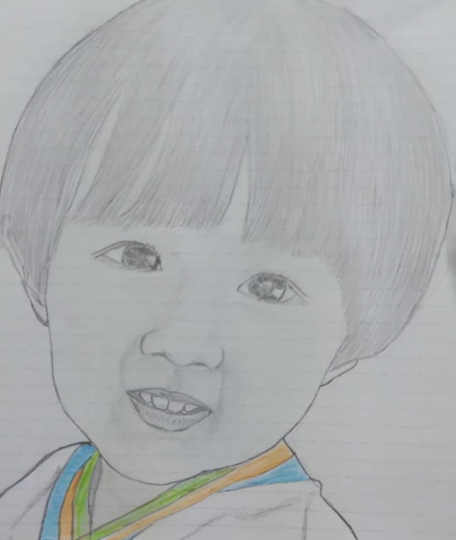picture of a young boy with a medal around his neck, Detailed face of asian boy, by Ayako Rokkaku, Inspired by Takeharu Matsumura, By Yasutomo Oka, Pencil sketch, Close-up portrait, By Yuki Ogura, Inspired by Huang Gongwang, 子供のpictureに基づいて, picture