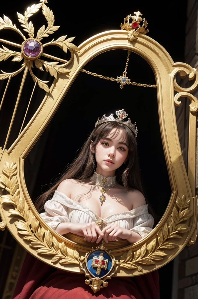 Create the image of a crown:
The crown is built on a sturdy circular base, made of solid gold, symbolizing the stability and wealth of the kingdom.
About the base, four elegant arches rise, decorated with delicate filigree and precious gem inlays, como rubis e sapphires. Each arch ends in a golden cross, representing the Christian faith and divine authority of the monarch.
Along the crown arches, precious gems are set, reflecting the colors of the Swiss flag and representing the country's natural wealth. rubies, representing sacrifice and courage; sapphires, symbolizing peace and harmony; and diamonds, meaning purity and immortality.
Among the gems, pearls adorn the crown, symbolizing the wisdom and purity of intention of the monarch.
At the base of the crown, heraldic motifs are carved representing the Swiss cantons unified under the Bernhardt Savoy dynasty. These include the Bernese bear, the cross of Geneva, among other important regional symbols.
-Flowers and Leaves: Intertwined in the arches, are delicate carved flowers and leaves, inspired by the alpine flora of Switzerland, like edelweiss and rhododendrons, representing the country's natural beauty and resilience.
into the image, the crown will be in focus, atop a gold-adorned cushion