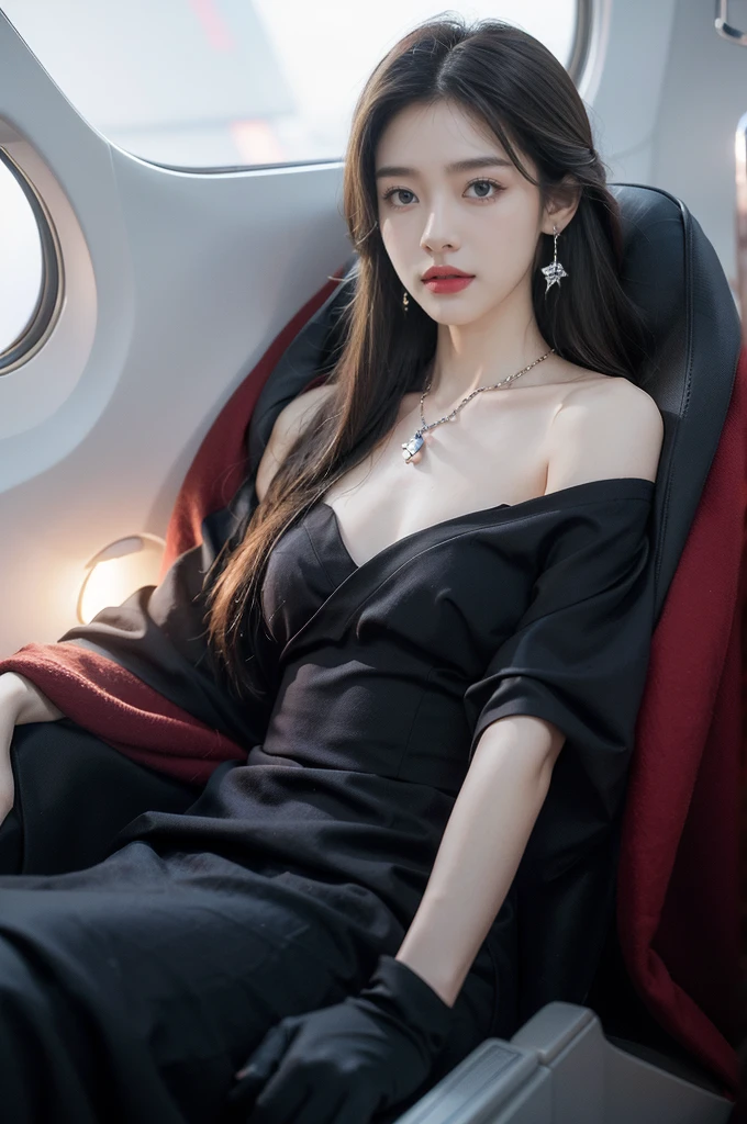 (((best quality))),(((ultra detailed))),(((masterpiece))),illustration,(a beautiful girl,female passenger,solo),(parted red lips),((slim,thin,small breasts,flat chest)),((earrings,crystal necklace)),(slender legs:1.2),(spread legs apart:1.3),summer night,((in airplane,economy class,indoor)),(blanket over shoulders:1.3),((dress)),(shoulder length straight bob hair:1.2),stars,moonlight,smooth flight,engine sound,lullaby,relaxed,excited,laughing,visiting family,comfortable seats,soft fabric,headrests,adjustable,beauty of night sky,dimmed lights,sleeping passengers,movies,personal screens,staying awake,magic of sky,joy of being with family,memorable journey,adventures,(surrounded by crowded crowds:1.3),(Outside the window is high-altitude night view:1.2),((from front,upper body))