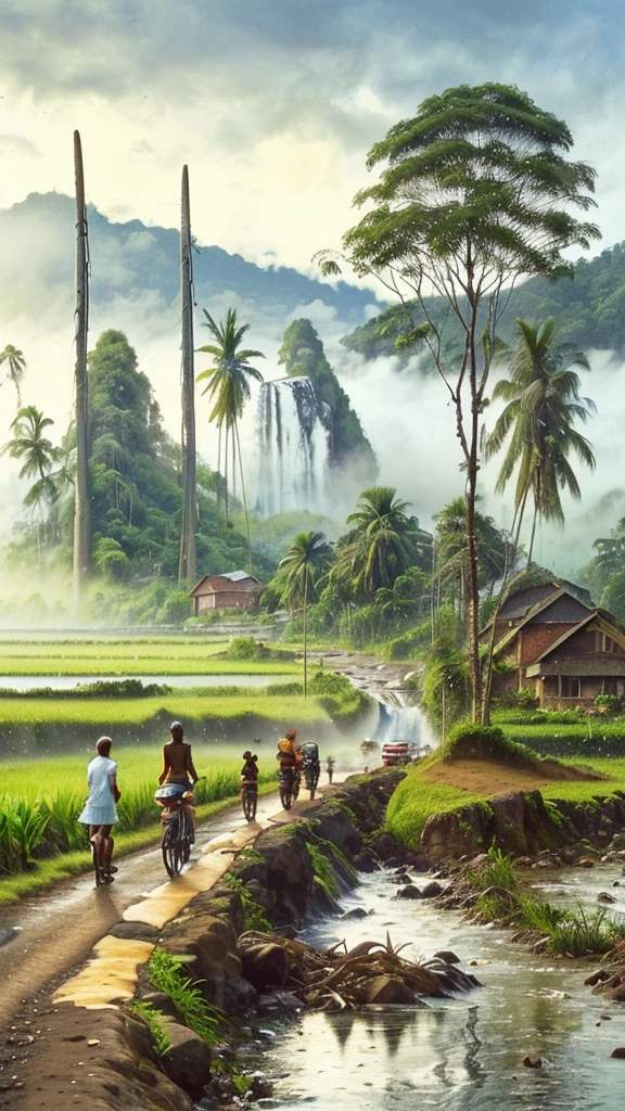 a rural scene, highway in front of a house, Beside it there is a waterfall flowing fast, rocks, coconut tree, banana tree, lots of vehicles passing by, with a misty mountain background, impressionism.