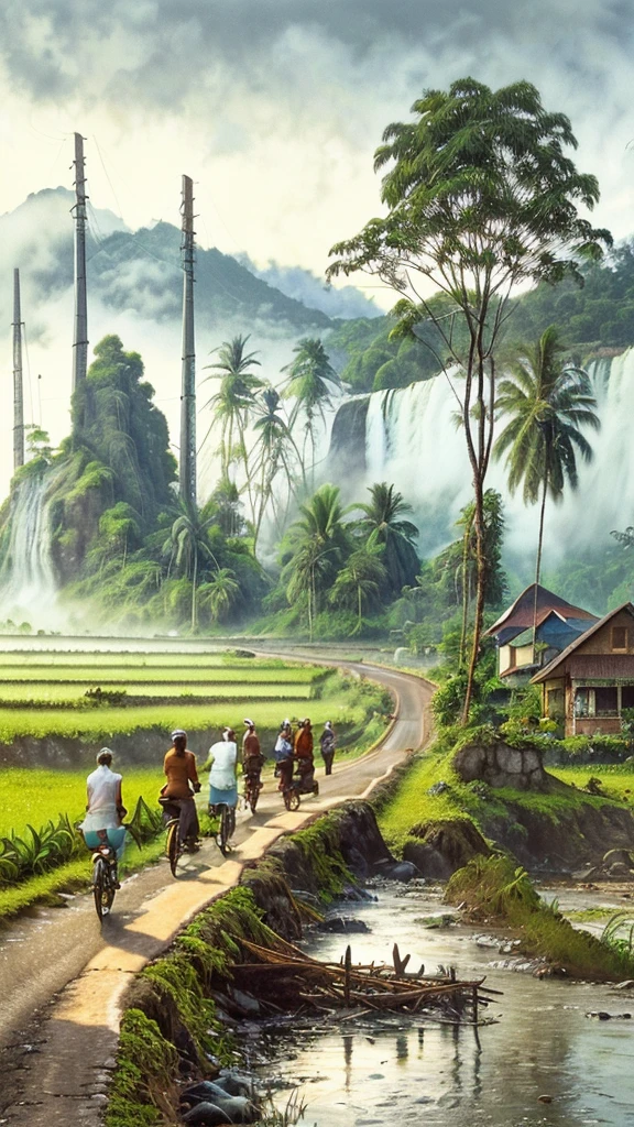 a rural scene, highway in front of a house, Beside it there is a waterfall flowing fast, rocks, coconut tree, banana tree, lots of vehicles passing by, with a misty mountain background, impressionism.