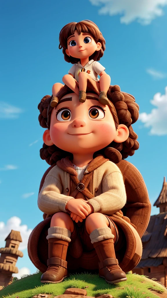 Close up shot of someone sitting on top of a giants head