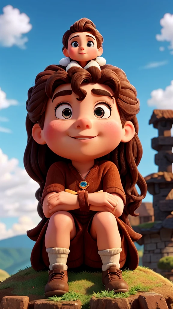 Close up shot of someone sitting on top of a giants head
