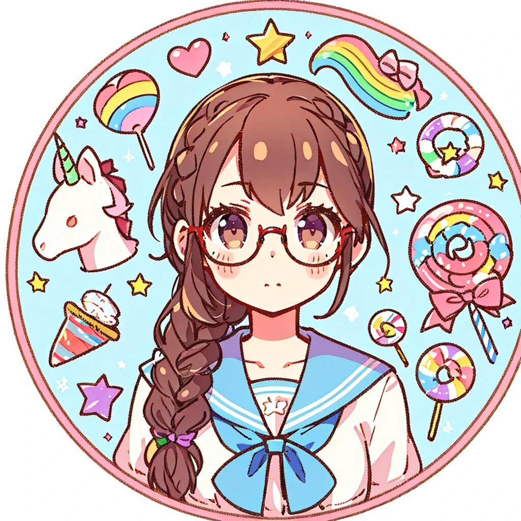 Circular emblem{star、ribbon、unicorn、candy、rainbow}、A girl with a single braided hairstyle{Glasses、Brown Hair、Brown eyes、Light blue sailor suit}