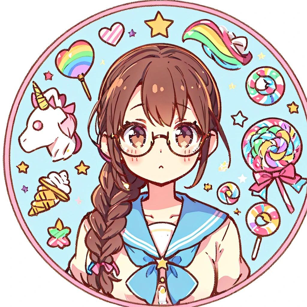 Circular emblem{star、ribbon、unicorn、candy、rainbow}、A girl with a single braided hairstyle{Glasses、Brown Hair、Brown eyes、Light blue sailor suit}