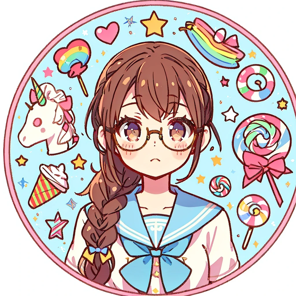 Circular emblem{star、ribbon、unicorn、candy、rainbow}、A girl with a single braided hairstyle{Glasses、Brown Hair、Brown eyes、Light blue sailor suit}