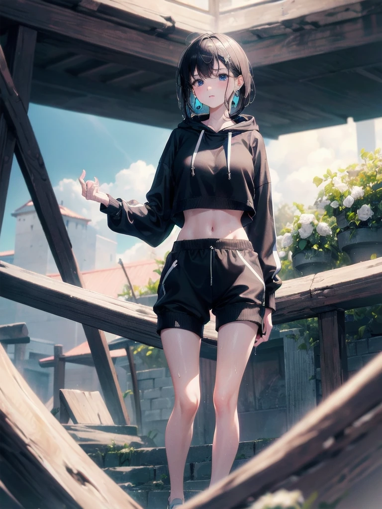 absurdres, RAW photo, extremely delicate and beautiful, masterpiece, Best Quality, ultra high resolution, 32k, hyperrealistic, ultra-detailed, in her 20s, delicate facial features, tearful mole, earring, medium breasts, full body shot, shorter middle hair, black hair, wet clothes, tracksuit shorts, Lightweight hoodie, crop top,