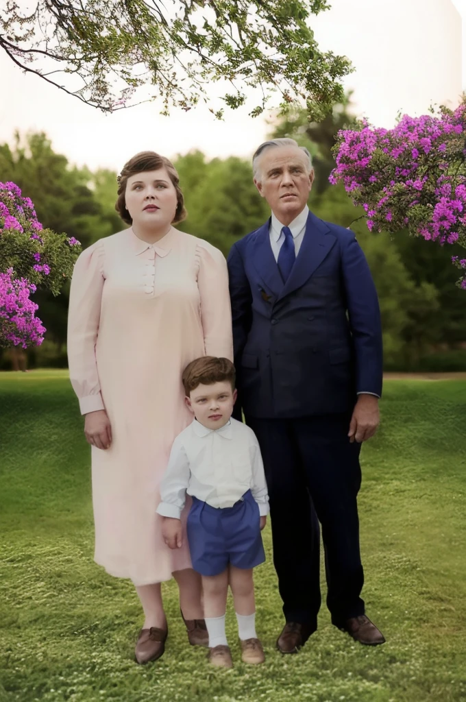there is a man and a woman and a foot together, to colored photo, restored color, man in blue suit, lady in a pink dress and a boy in his white shirt