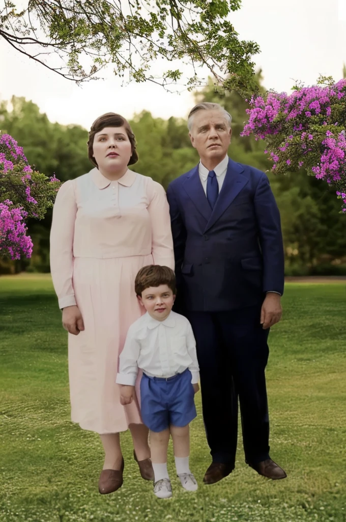 there is a man and a woman and a foot together, to colored photo, restored color, man in blue suit, lady in a pink dress and a boy in his white shirt