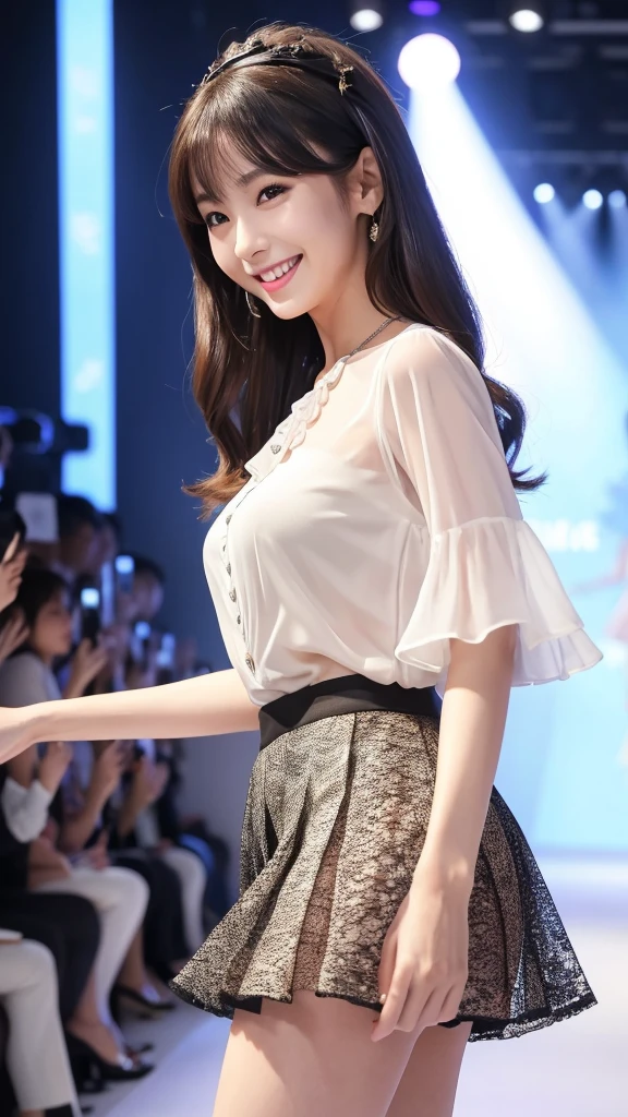 Amazingly large eyes、Smiling expression with white teeth visible、H cup bust、50cm waist、Slender and fair-skinned、Japan woman with long hair、20-year-old、Slim figure、Wearing a pleated skirt and a sheer lace blouse that flutters in the vivid breeze、Wearing high heels。On the runway at a fashion show、Her whole body was shown, from her high heels to her head, as she walked towards the viewer.、Bright, photo-quality images。