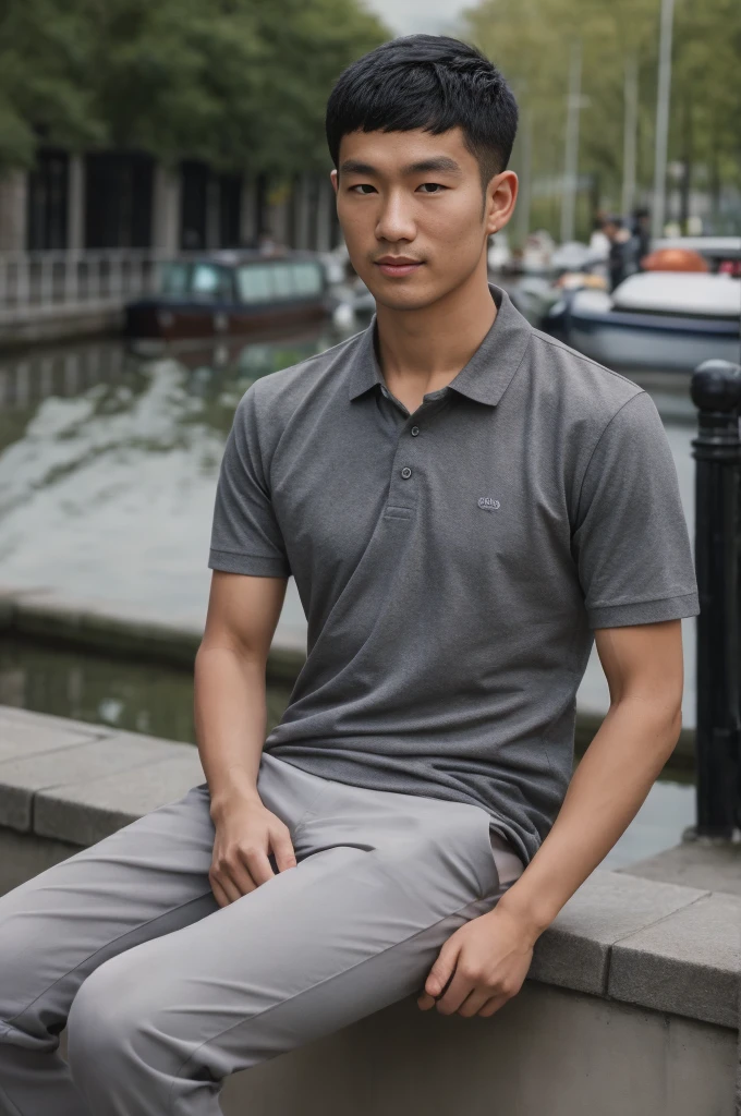 young asian man In a gray polo shirt sitting by the canal with a serious expression, looking into the distance Turn your head slightly.,cloudy day smile
