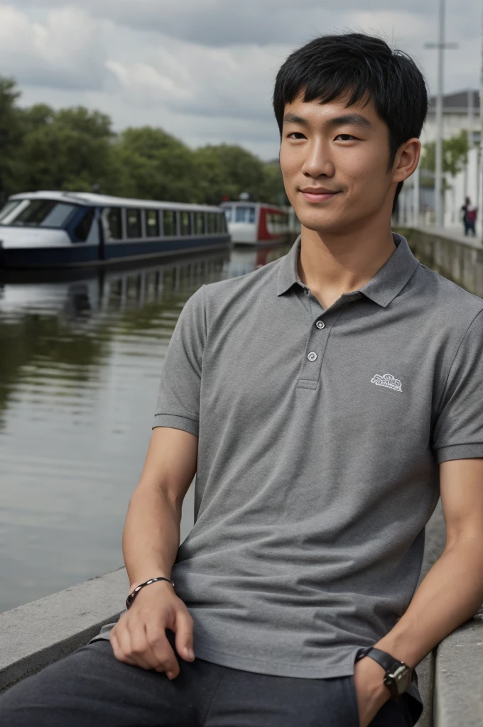 young asian man In a gray polo shirt sitting by the canal with a serious expression, looking into the distance Turn your head slightly.，cloudy day smile