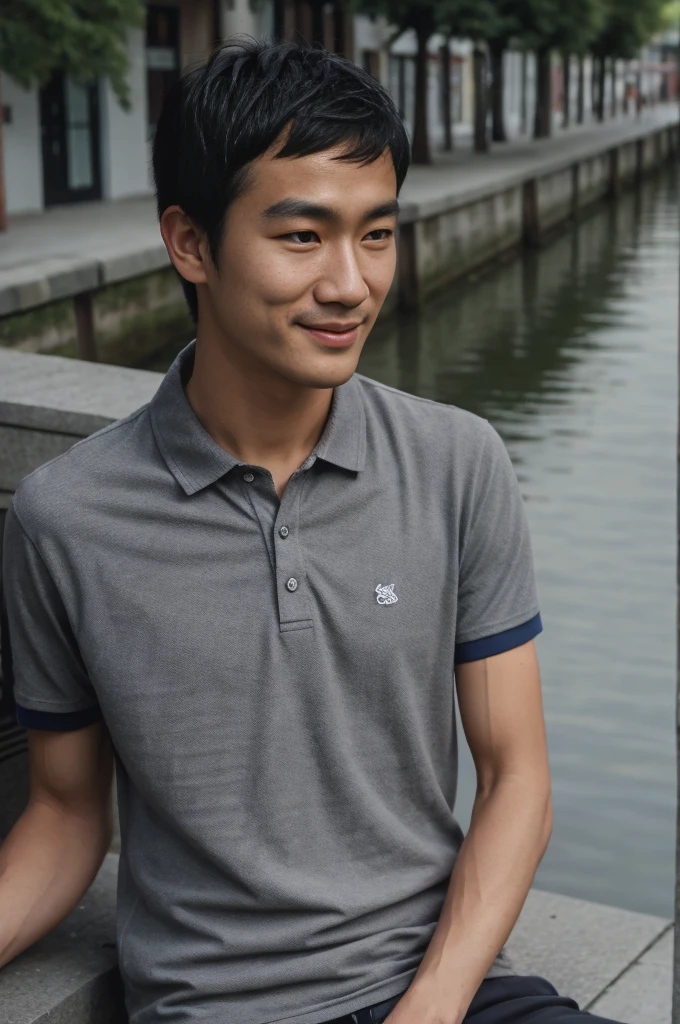 young asian man In a gray polo shirt sitting by the canal with a serious expression, looking into the distance Turn your head slightly.，cloudy day smile