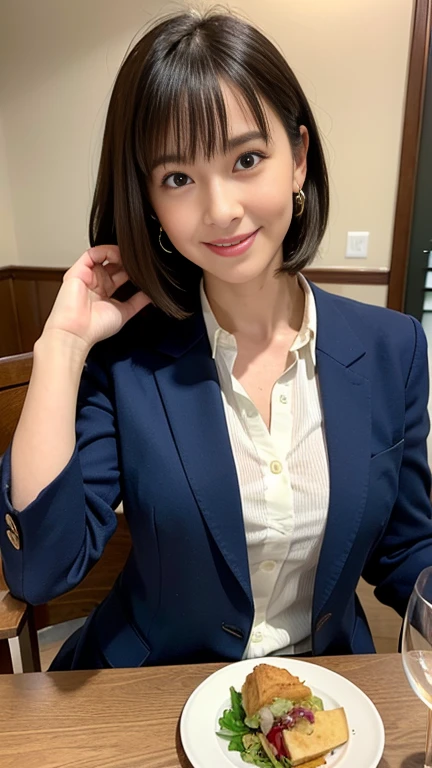 (masterpiece)、(Highest quality:1.5)、(Photorealistic:1.2)、(Surreal), (High resolution), (Realistic), (Post-processing),(Sharp focus), Sharp focus:1.2,Backlight, (Improvement of quality:1.4), Healthy thighs、(Narrow waist)、Big Ass、((Perfectly detailed five-fingered hands)),(Anatomically correct body)、((1 female:1.4))、Japanese、Realistic Skin、(Small chest:1.4)、Bust size is A cup、Pretty woman with perfect figure:1.4,(from the front:1.5), (Enhances the beauty of skin texture:1.1),No makeup、美しいBlack Hair、最高のsmile、Natural color lip、(Small Mouth:1.4)、The mouth is not open、Thick lips、(Oval Face)、Even bangs、Hide eyebrows with bangs、((33-year-old woman))、Bob Hair、Hair blowing in the wind, (Black Hair, Iris, Watery eyes, Shining Eyes, Bob Cut Hair, Small earrings,), Hair behind the ear、No makeup、(Drooping eyes)、whole body、(((One lovely woman)),((優しい大きなsmile)),(( Small breasts,Small breastsの谷間)),((((Plump Cheeks)))),((whole body:1.5)),very cute,(Baby Face),高級restaurantで、full-course dinner、Wine Party、Bright image、The beauty of wine, Beautiful Face, red wine 、Appetizers、Italian food、Wine bottle、Champagne、sparkling wine、(slimな顔), (The body is slim),restaurant, White wine, slim, wine glass, 中央に置かれたwine glass, smile, (smile: 1.15), Beautiful fine grain, Depth f/2,saturation, High Contrast, Strong light and shadow,Moist Body:1.5、3D texture、Delicate eyes、((In front of the food on the table:1.5))、Wearing a navy blue blazer、Wearing a white blouse、Wearing a checked skirt、