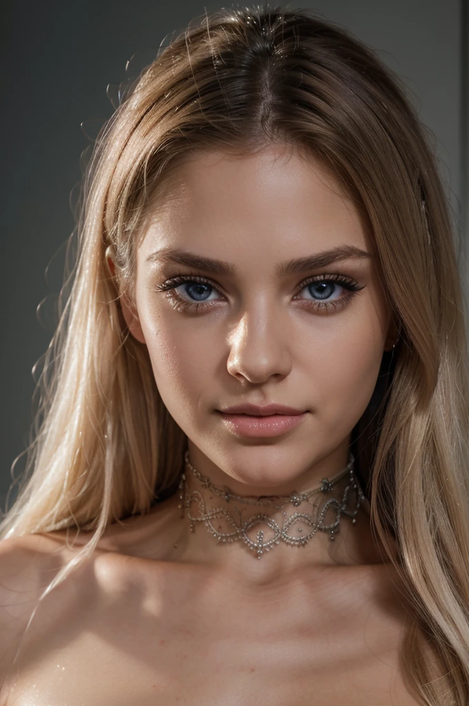 4k, 8k, ultra highres, raw photo in hdr, sharp focus, intricate texture,realistic, detailed facial features, highly detailed face, posing,perfect lighting,long hair,makeup,close-up,choker, shy smile,Dollblush2,blonde platinum hair, sharp jawline, cute face, small nose, blue eyes, pale skin, big lips