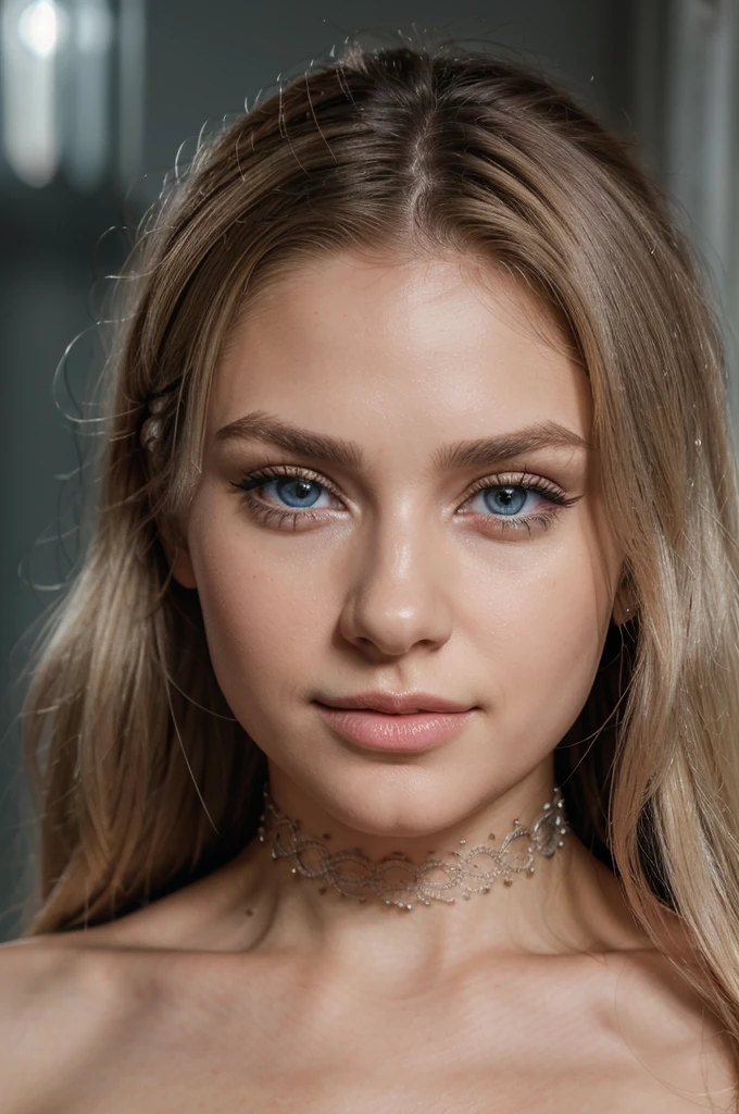 4k, 8k, ultra highres, raw photo in hdr, sharp focus, intricate texture,realistic, detailed facial features, highly detailed face, posing,perfect lighting,long hair,makeup,close-up,choker, shy smile,Dollblush2,blonde platinum hair, sharp jawline, cute face, small nose, blue eyes, pale skin, big lips