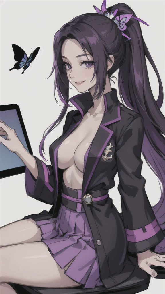(masterpiece:1.2, best quality), (1lady, solo, upper body:1.2), black hair,purple dip-dye hair , forehead , purple eyes, Swallowtail butterfly head, An anime-style illustration of Shinobu Kocho from “Demon Slayer”. She is wearing a lab coat and a skirt, sitting in a laboratory. She is using a laptop and looking at the camera with a smile.