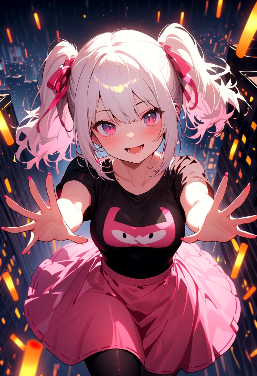 1girl, white hair, short twintails, extremely happy, cheerful, pink eyes, wearing plain black shirt, pink skirt, black leggings, city, absurdres, high res, ultrasharp, 8K, masterpiece, looking at viewer, no hat, holding orange glowsticks in hands,