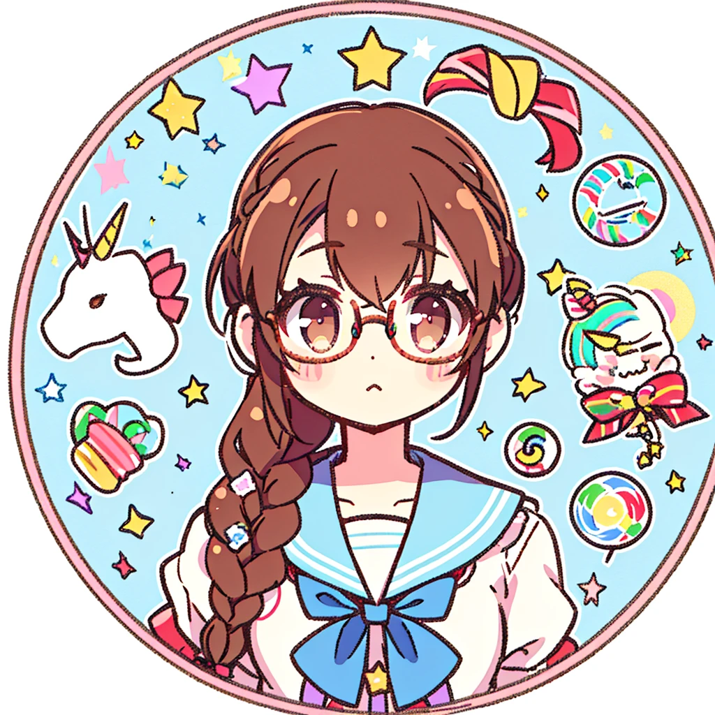 Circular emblem{star、ribbon、unicorn、candy、rainbow}、A girl with a single braided hairstyle{Glasses、Brown Hair、Brown eyes、Light blue sailor suit}