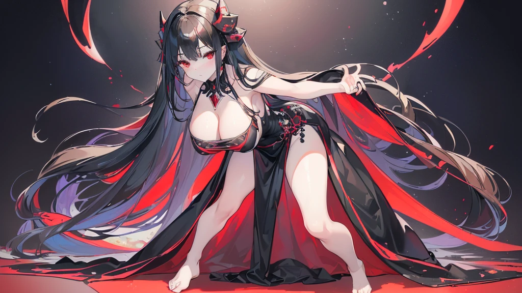 (Exquisite eyes),(Clear and beautiful eyes:1.61),masterpiece, ung girl,(Black clothes and some red gems), Black long hair, (She has a huge red gem on her chest), Good Hand,((The Havoc of StarCraft)),full-body shot,Fighting Stance,(Red Eyes:1.466),short and small,(Very big breasts:1.35),(Pretty Face),(full-body shot:1.33),Beautiful hands