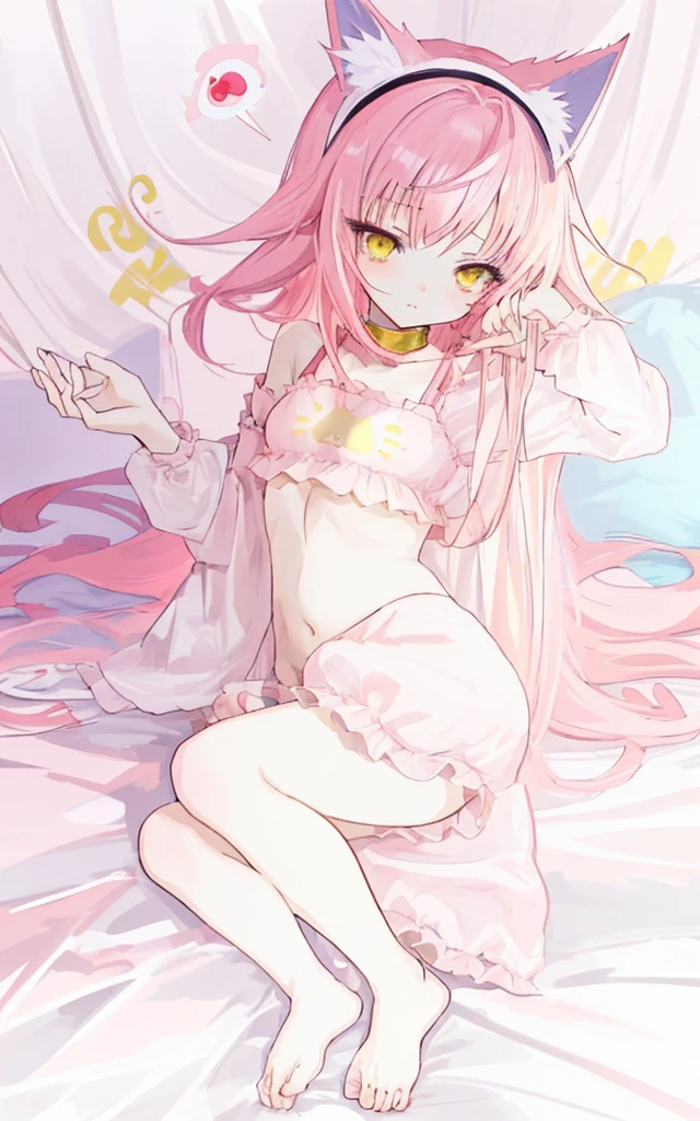 cute anime girl with long pink hair and yellow eyes, on bed, aa cup size, short height, slim body, wearing sleeping outfit and cat headband.