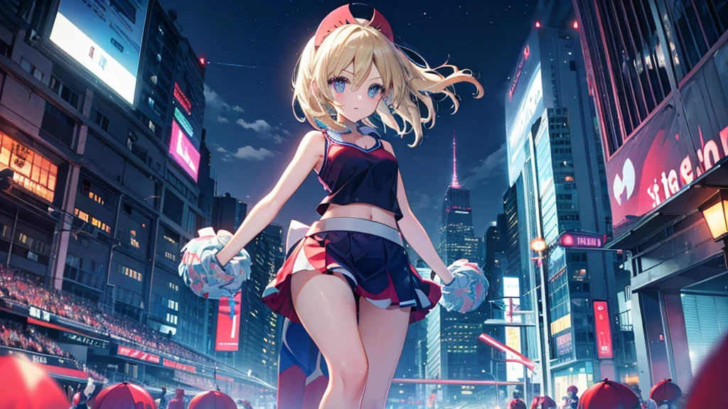 Perfect Anatomy, from the front, Cheerleader, High quality eyes, pretty girl, Peeking from below、Beautiful cityscape