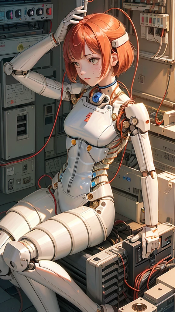 (((masutepiece))), (((Best Quality))), ((Ultra-detailed)), (High Definition CG Illustration), ((extremely delicate and beautiful)),(Cute delicate face),Cinematic Light,((1mechanical girl)),Solo,Full body,(Machine-made joints:1.4),((Mechanically dismembered muscle vessels connected to tubes),(a brain in container:1.3),((mechanical vertebra attaching to the back)),((mechanical cervial attaching to neck)),((Sitting)),deadpan,(wires and cables attaching to head and body:1.5),Small breasts,Short hair, dark red hair, tan skin, yellow eyes, freckles, (Character Focus),Science fiction