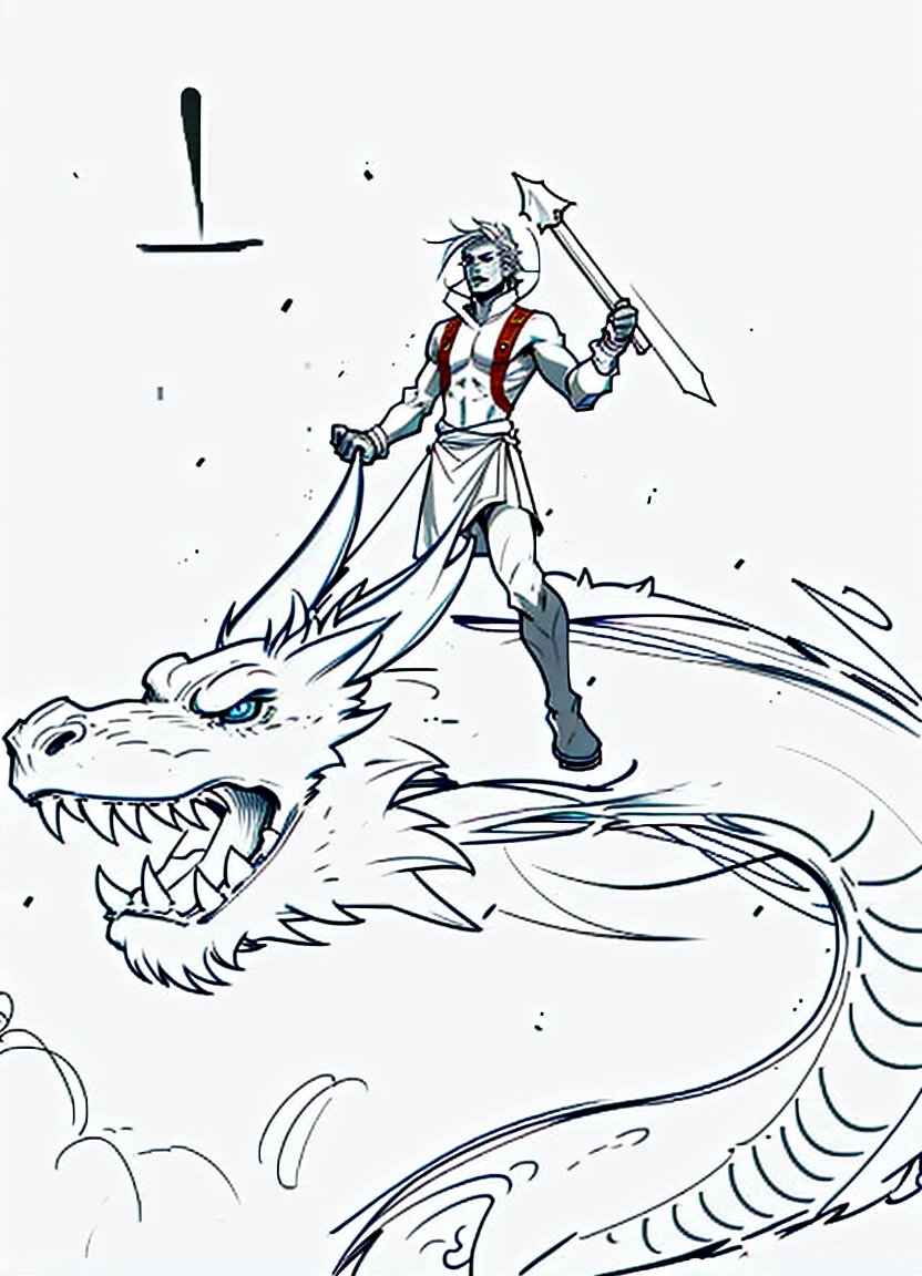drawing of a man Riding a Dragon with a sword and a spear, human and dragon fusion, fighting a dragon, Riding a Dragon, but like an anthropomorphic dragon, dragon in the background, Dragon Knight, fat dragon with rider, battle with dragon, like an anthropomorphic dragon, but as a dragon, dnd character, detailded, but rough, Approximate sketch