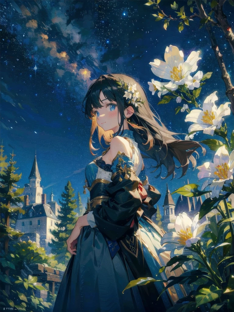 (((masterpiece)))、(((Top quality)))、((Extremely detailed))、(Implications)、((Extremely exquisite and beautiful)),background, fantasy, excellent, fantasy, forest, masterpiece, best quality, Ultra-high resolution, detailed illustration, portrait, detailed, 1Girl standing in the starry night sky and the Milky Way, village, Solitary, , skirt, flower, White smile, whole body, white flower, Bare shoulders, very