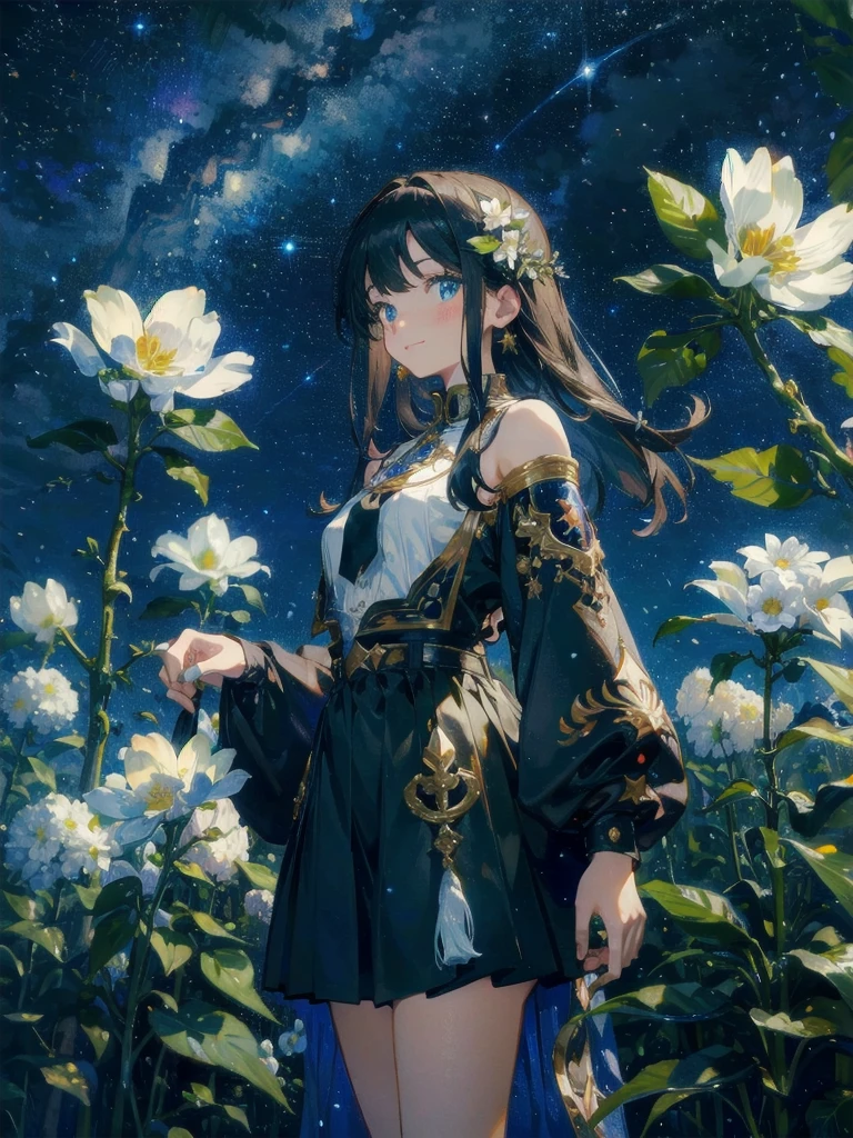 (((masterpiece)))、(((Top quality)))、((Extremely detailed))、(Implications)、((Extremely exquisite and beautiful)),background, fantasy, excellent, fantasy, forest, masterpiece, best quality, Ultra-high resolution, detailed illustration, portrait, detailed, 1Girl standing in the starry night sky and the Milky Way, village, Solitary, , skirt, flower, White smile, whole body, white flower, Bare shoulders, very