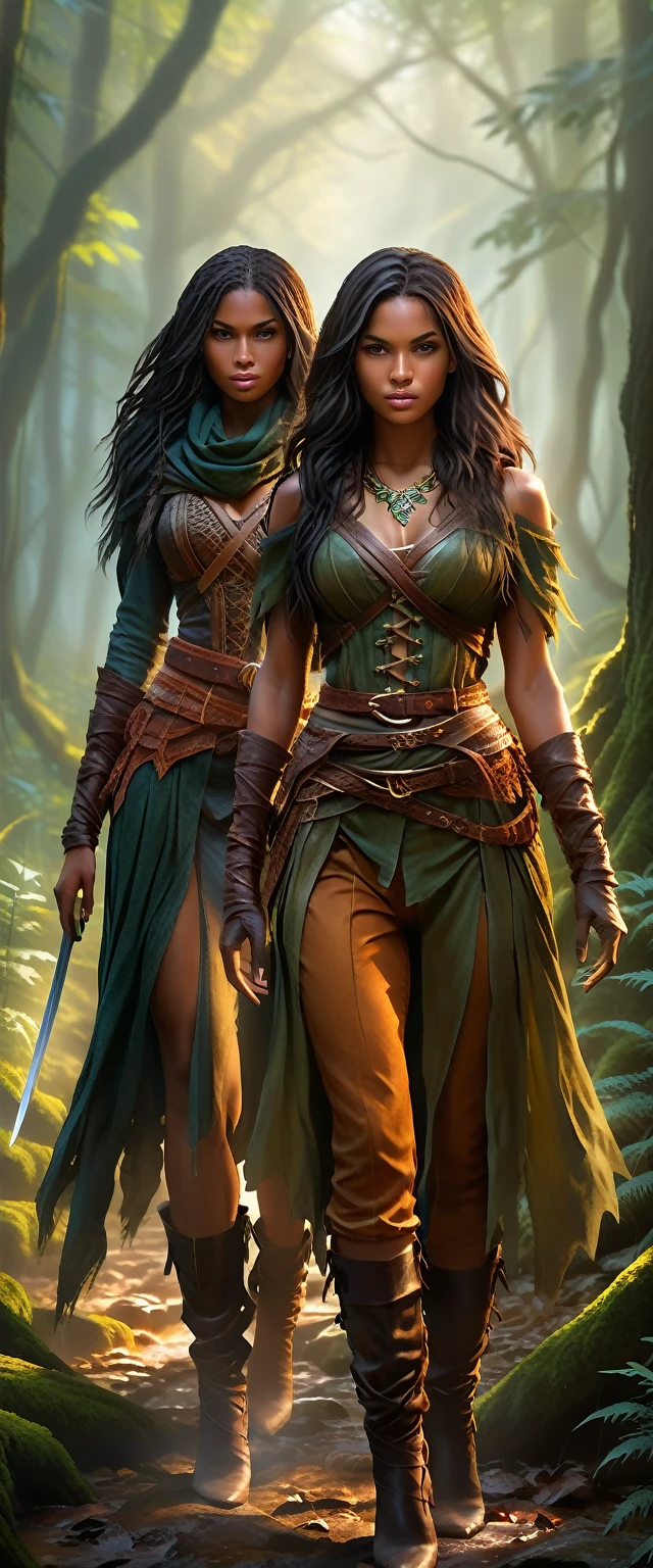 A stunningly beautiful and fierce woman with light skin and her companion, a shorter woman with darker skin, run through a deep, ancient forest. They exude a rebellious aura, with their long, flowing hair and eyes that sparkle with defiance. They are running through the forest dressed in a blend of rugged leather and elegant fabrics, they appear both dangerous and alluring. In their hands, they grip finely crafted swords, symbols of their strength and skill. The forest around them is dense and mysterious, with mist swirling between ancient trees, suggesting an epic journey. The lighting filters through the dense foliage, casting dramatic shadows that add to the mystery and intensity of the scene. The overall mood is one of adventure, romance, and a hint of danger. They are running through the forest