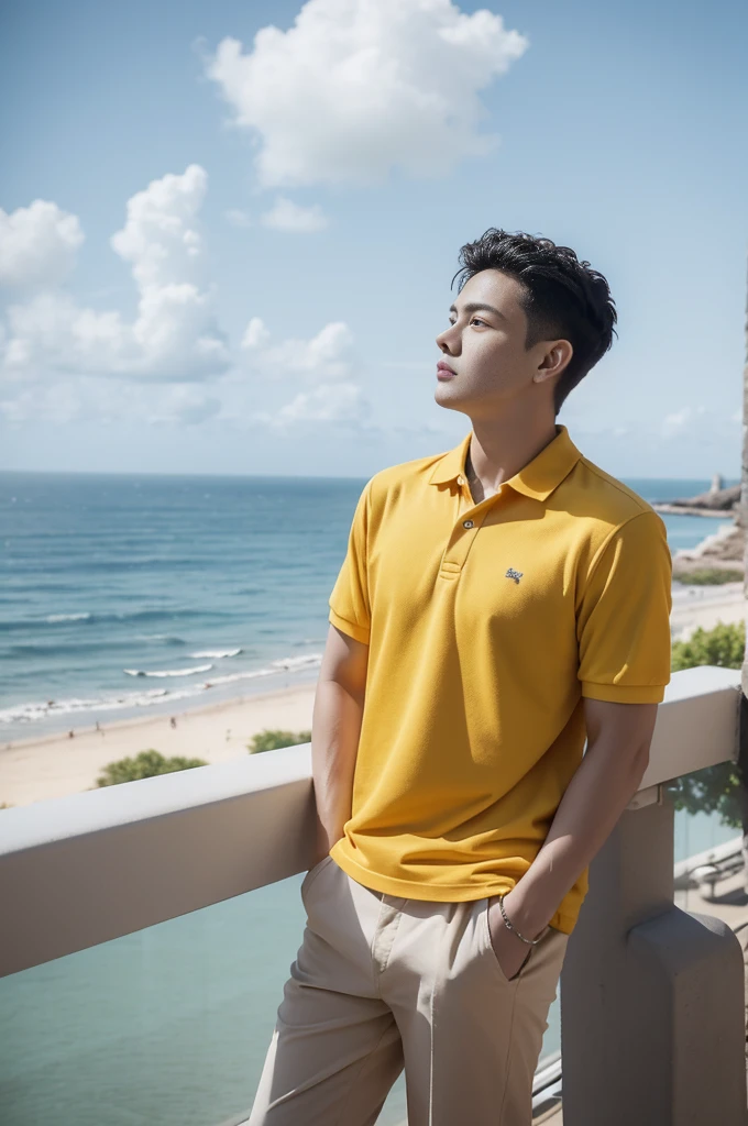 A young man in a yellow polo shirt stands by the sea with an expression, looking into the distance Turn your head slightly.，Cloudy day, coffee shop