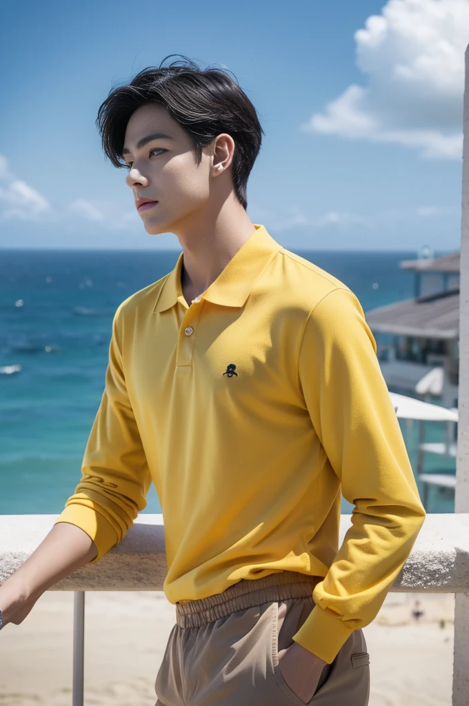 A young man in a yellow polo shirt stands by the sea with an expression, looking into the distance Turn your head slightly.，Cloudy day, coffee shop