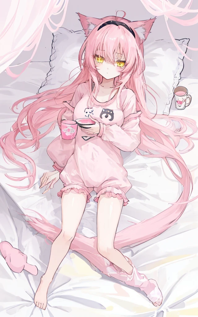 cute anime girl with long pink hair and yellow eyes, on bed, a cup size, short height, slim body, wearing sleeping outfit and cat headband.