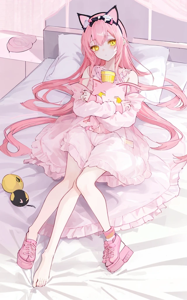 cute anime girl with long pink hair and yellow eyes, on bed, a cup size, short height, slim body, wearing sleeping outfit and cat headband.