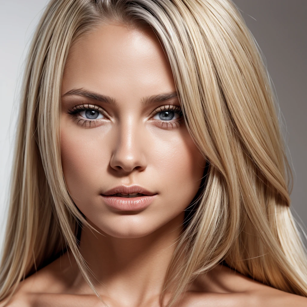 Frontal photographs of a blonde woman with gray eyes with some skin defects on her face, long hair 