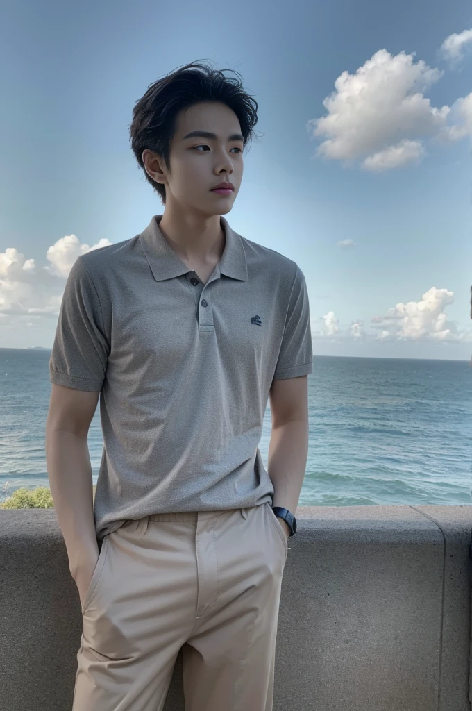 Young man in a gray polo shirt Standing by the sea with an expression, looking into the distance Turn your head slightly.,Cloudy day, coffee shop