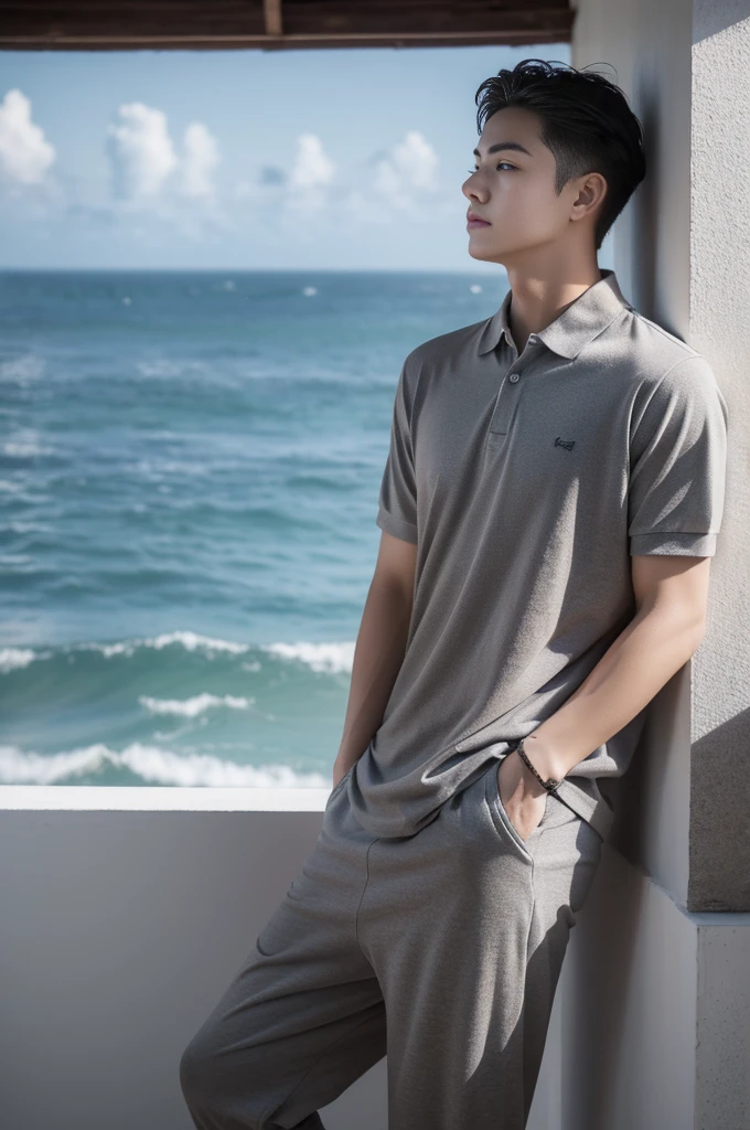 Young man in a gray polo shirt Standing by the sea with an expression, looking into the distance Turn your head slightly.,Cloudy day, coffee shop
